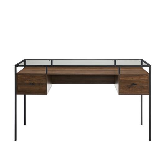 Walker Edison 56" Dark Walnut 2 Drawer Glass Top Desk
